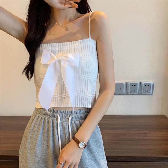 Top Camisole Bow Ribbed Knit Plain