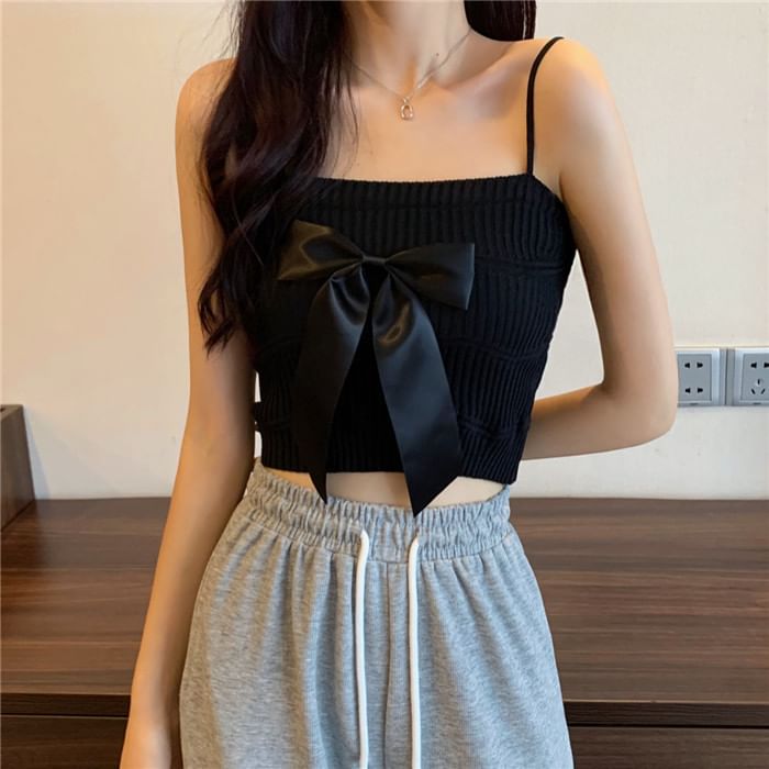 Top Camisole Bow Ribbed Knit Plain