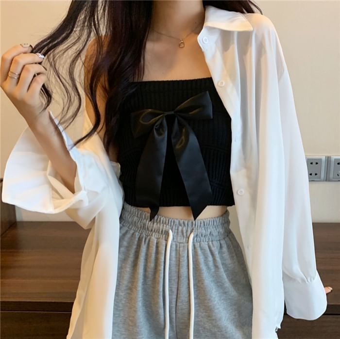 Top Camisole Bow Ribbed Knit Plain