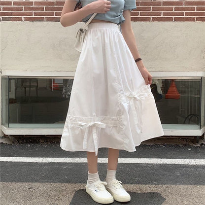 Waist Midi Panel Bow Skirt Plain Elastic A-Line