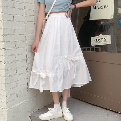 Waist Midi Panel Bow Skirt Plain Elastic A-Line
