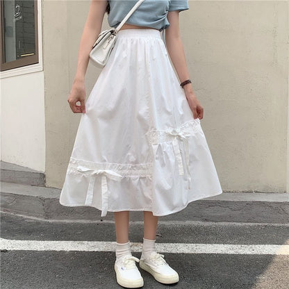 Waist Midi Panel Bow Skirt Plain Elastic A-Line