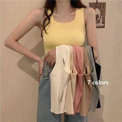 Tank Plain Neck Knit Square Top Ribbed