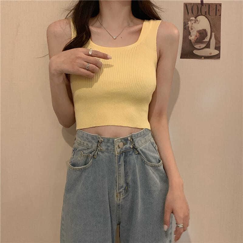 Tank Plain Neck Knit Square Top Ribbed