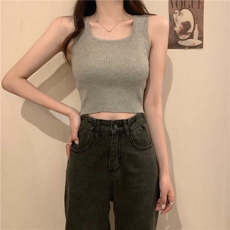 Tank Plain Neck Knit Square Top Ribbed