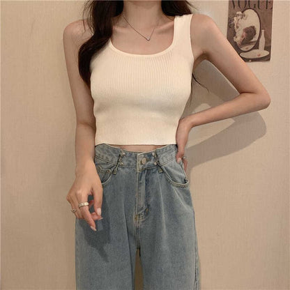 Tank Plain Neck Knit Square Top Ribbed