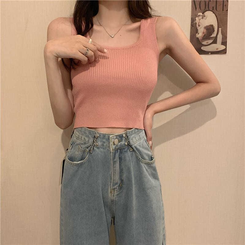 Tank Plain Neck Knit Square Top Ribbed