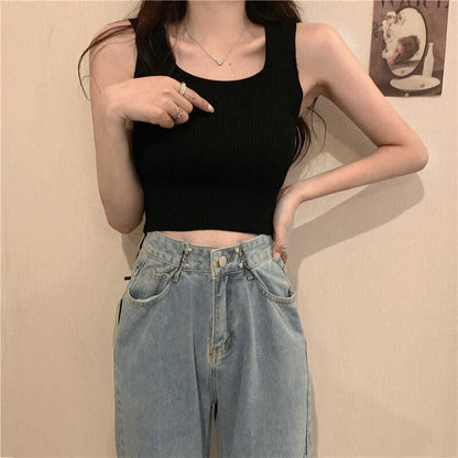 Tank Plain Neck Knit Square Top Ribbed