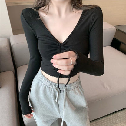 Crop V-Neck Plain T-Shirt Long-Sleeve Drawstring
