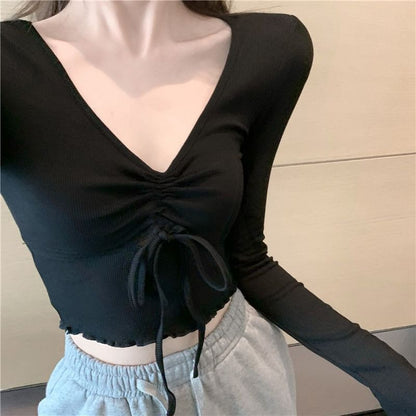 Crop V-Neck Plain T-Shirt Long-Sleeve Drawstring