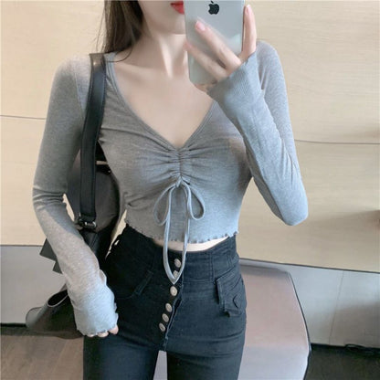 Crop V-Neck Plain T-Shirt Long-Sleeve Drawstring