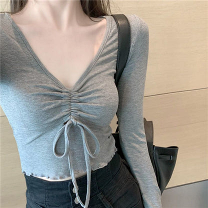Crop V-Neck Plain T-Shirt Long-Sleeve Drawstring