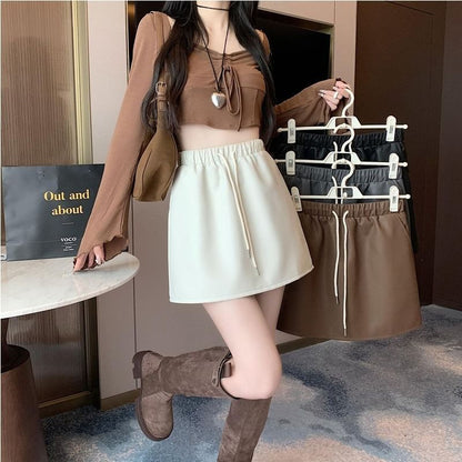 Waist A-Line Leather Plain Mini Faux Drawstring Skirt