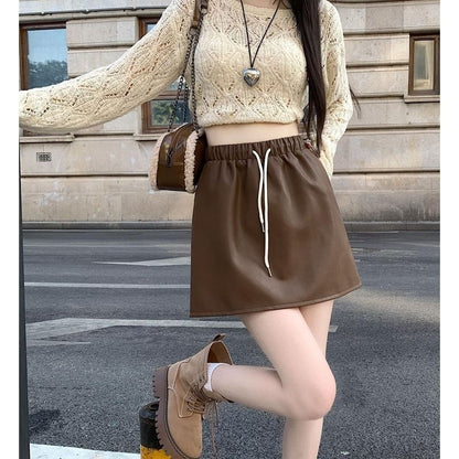 Waist A-Line Leather Plain Mini Faux Drawstring Skirt