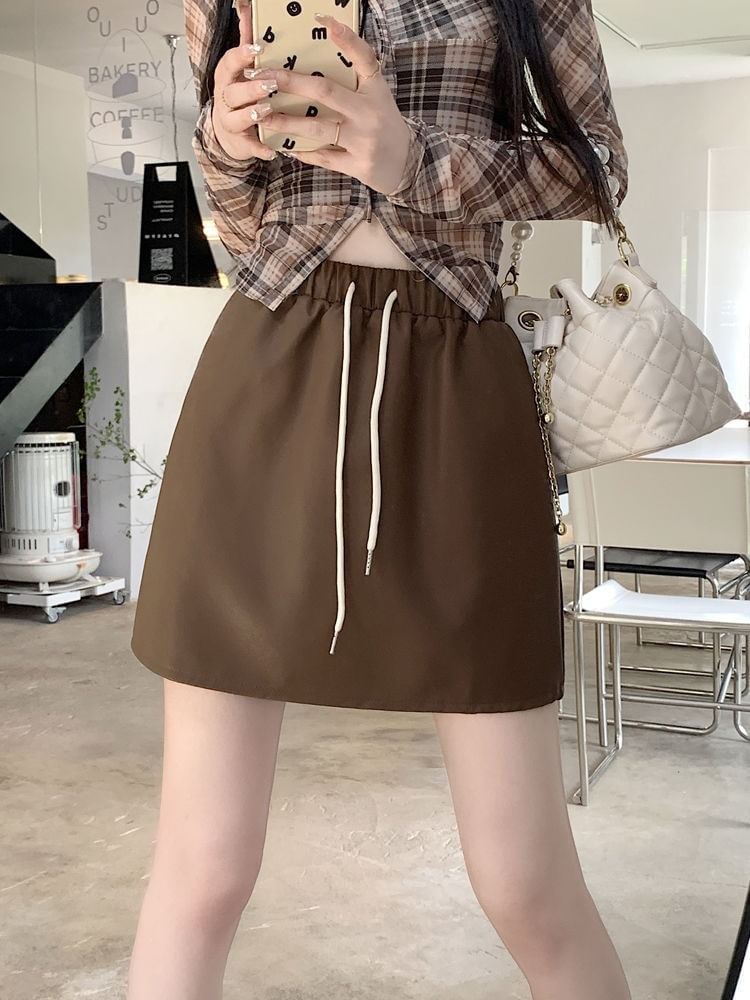 Waist A-Line Leather Plain Mini Faux Drawstring Skirt
