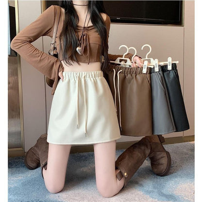 Waist A-Line Leather Plain Mini Faux Drawstring Skirt