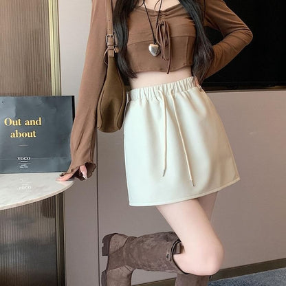 Waist A-Line Leather Plain Mini Faux Drawstring Skirt