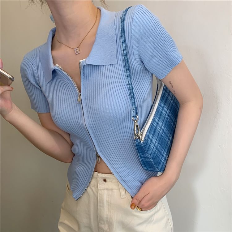 Knit Plain Short-Sleeve Zip Top Polo
