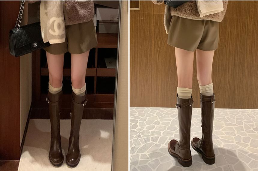 Buckled Leather Tall Faux Boots