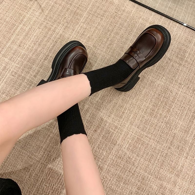 Leather Loafers Chunky Platform Heel Faux