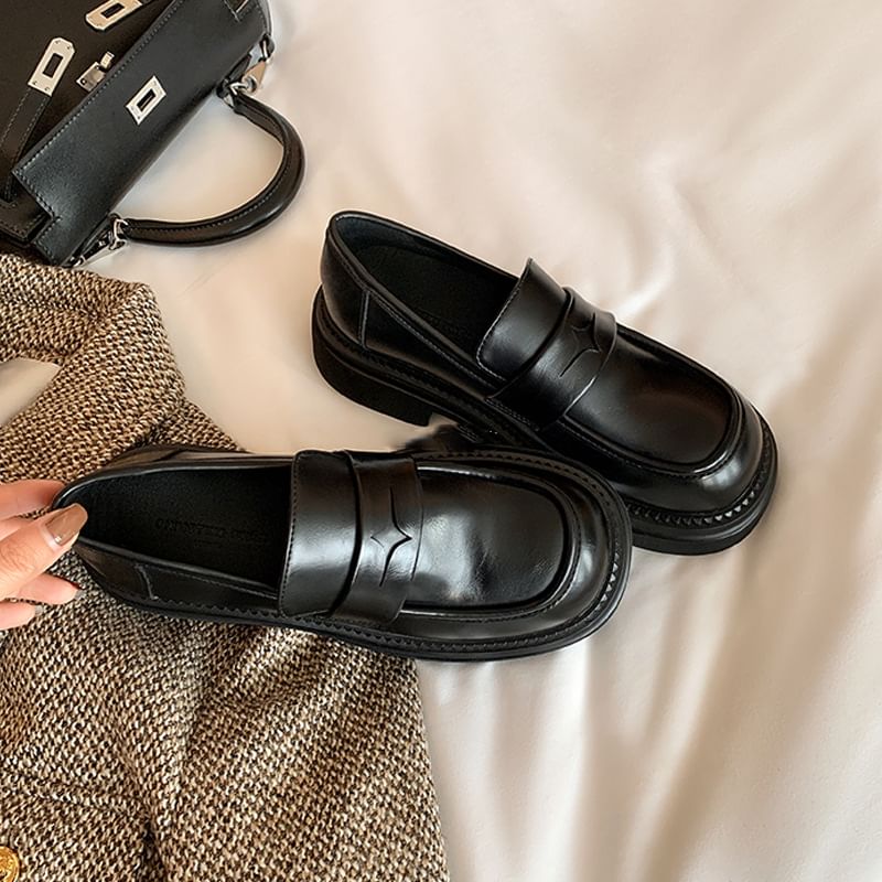 Leather Loafers Chunky Platform Heel Faux