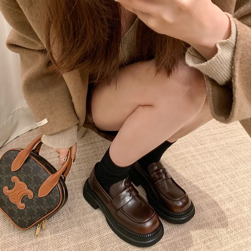 Leather Loafers Chunky Platform Heel Faux