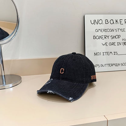 Lettering Baseball Denim Embroidered Distressed Cap