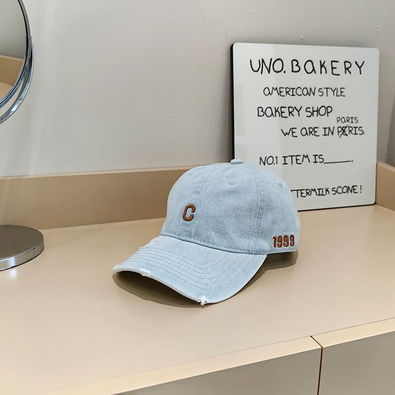 Lettering Baseball Denim Embroidered Distressed Cap