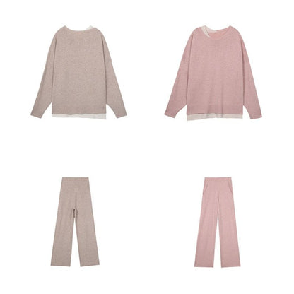 Wide T-Shirt Set: Two-Tone Neck Leg Pants Crew Waist Long-Sleeve + High