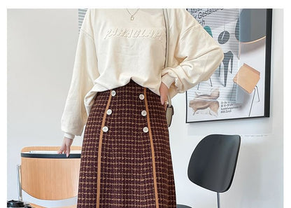 Midi High Skirt Knit A-Line Waist Plaid