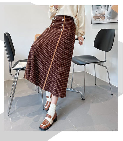 Midi High Skirt Knit A-Line Waist Plaid