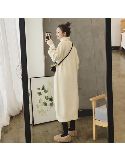 Midi Plain Turtleneck Long-Sleeve Sweater Dress