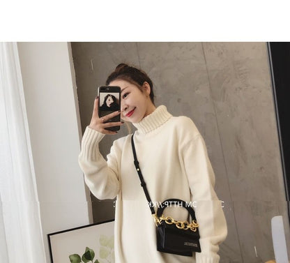 Midi Plain Turtleneck Long-Sleeve Sweater Dress