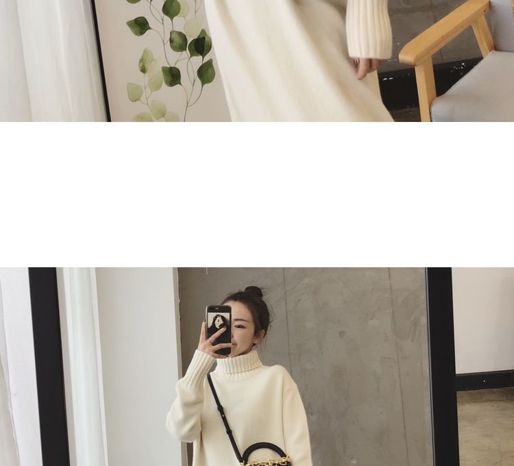 Midi Plain Turtleneck Long-Sleeve Sweater Dress