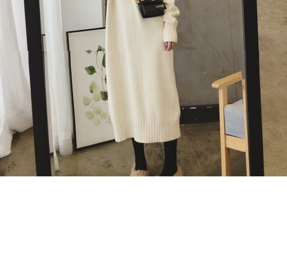 Midi Plain Turtleneck Long-Sleeve Sweater Dress