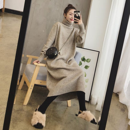 Midi Plain Turtleneck Long-Sleeve Sweater Dress