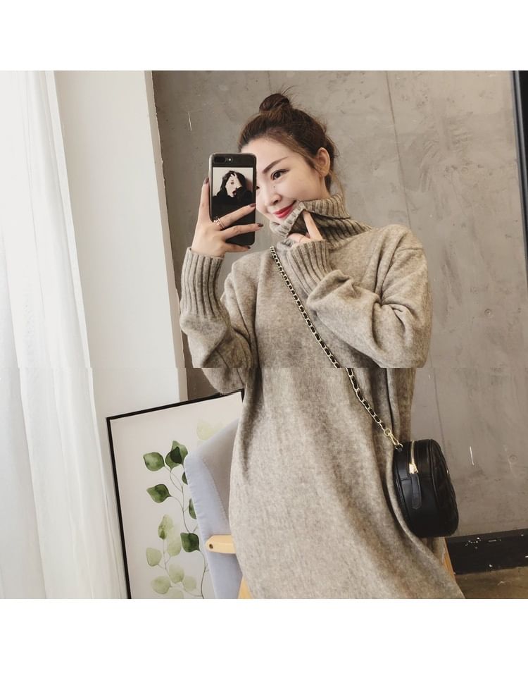 Midi Plain Turtleneck Long-Sleeve Sweater Dress