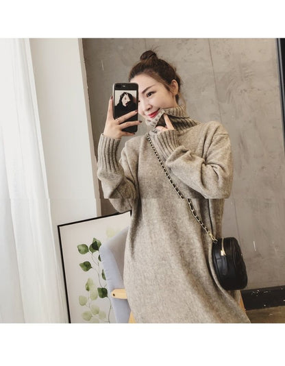 Midi Plain Turtleneck Long-Sleeve Sweater Dress