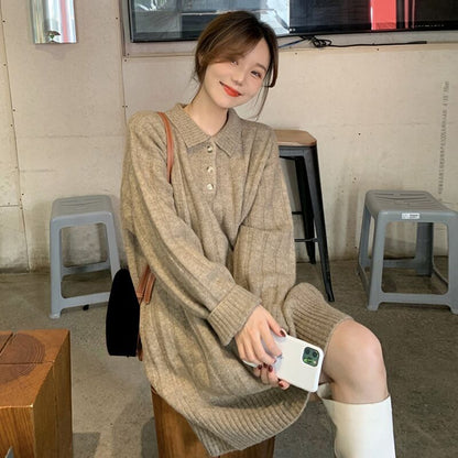 Dress Plain Polo-Neck Mini Sweater Long-Sleeve