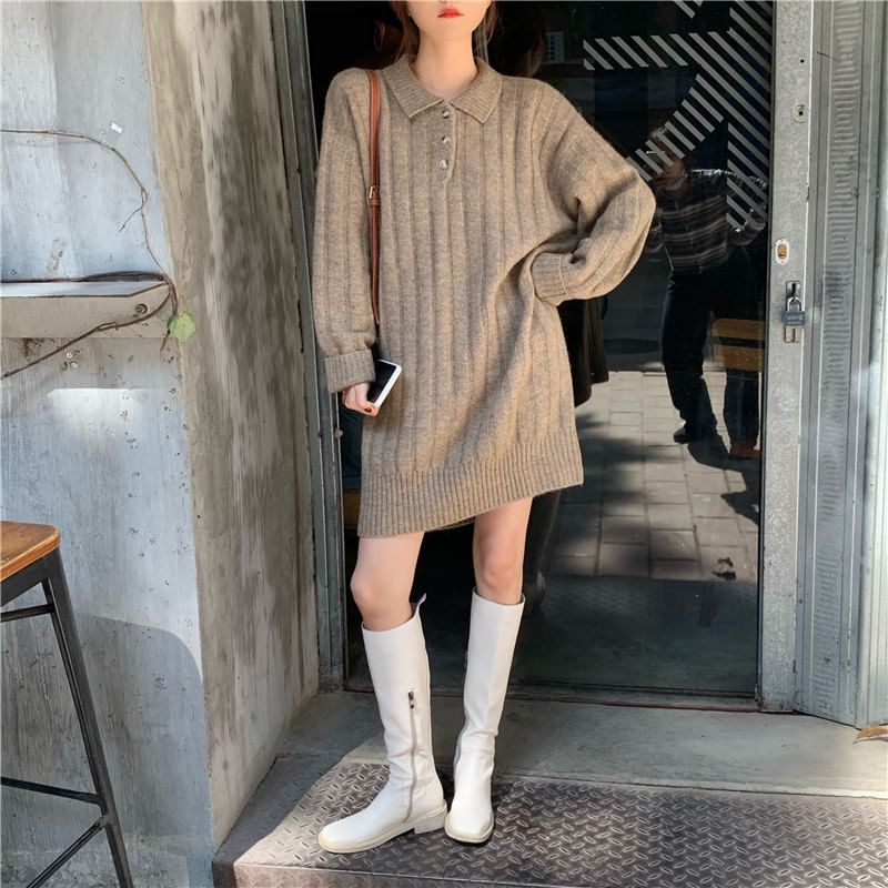 Dress Plain Polo-Neck Mini Sweater Long-Sleeve