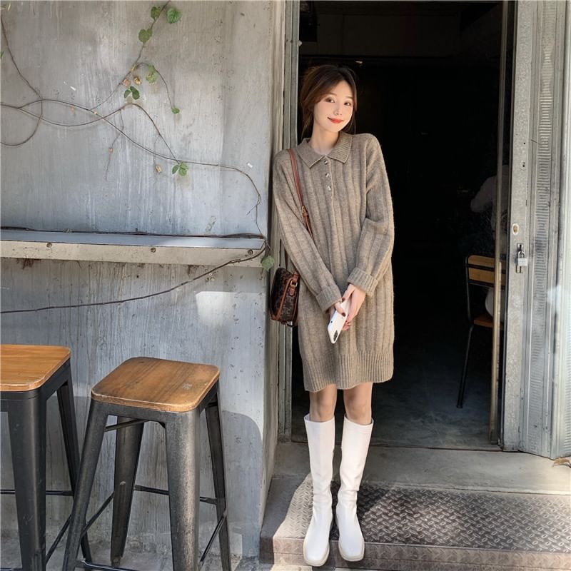 Dress Plain Polo-Neck Mini Sweater Long-Sleeve