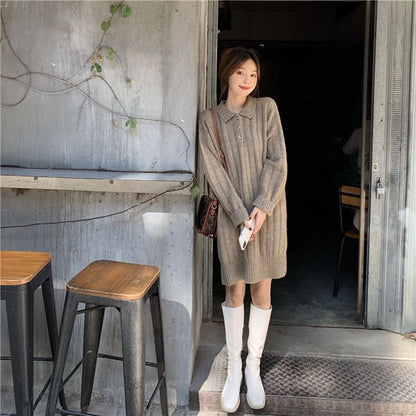 Dress Plain Polo-Neck Mini Sweater Long-Sleeve