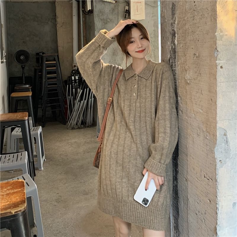 Dress Plain Polo-Neck Mini Sweater Long-Sleeve