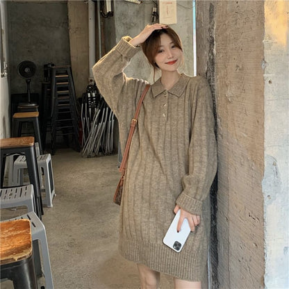 Dress Plain Polo-Neck Mini Sweater Long-Sleeve