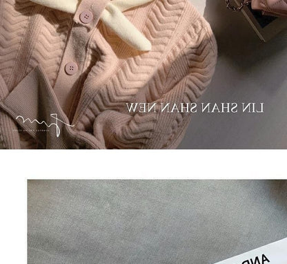 Dress Puff-Sleeve Midi Plain Knit Button-Up Tie-Neck