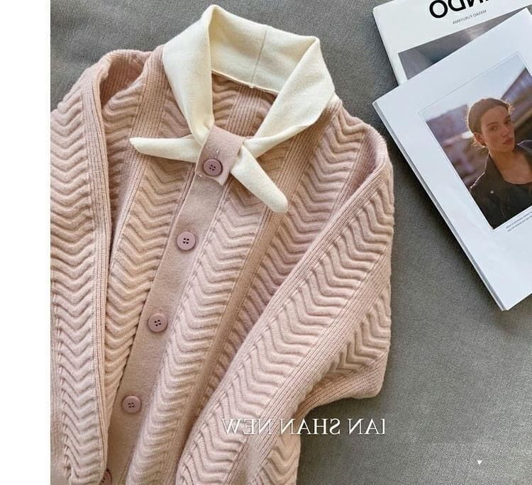Dress Puff-Sleeve Midi Plain Knit Button-Up Tie-Neck