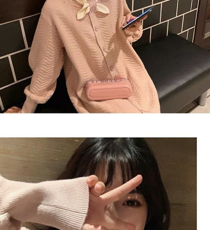 Dress Puff-Sleeve Midi Plain Knit Button-Up Tie-Neck