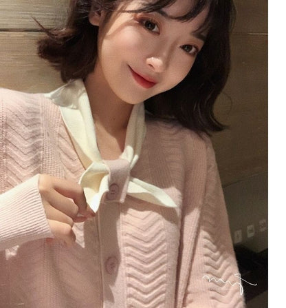 Dress Puff-Sleeve Midi Plain Knit Button-Up Tie-Neck