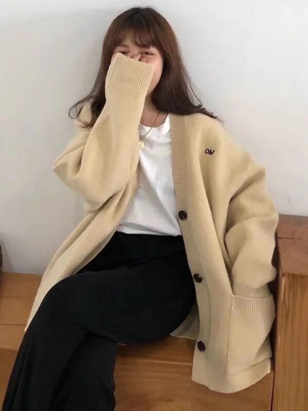 Letter Button-Up Embroidered V-Neck Cardigan