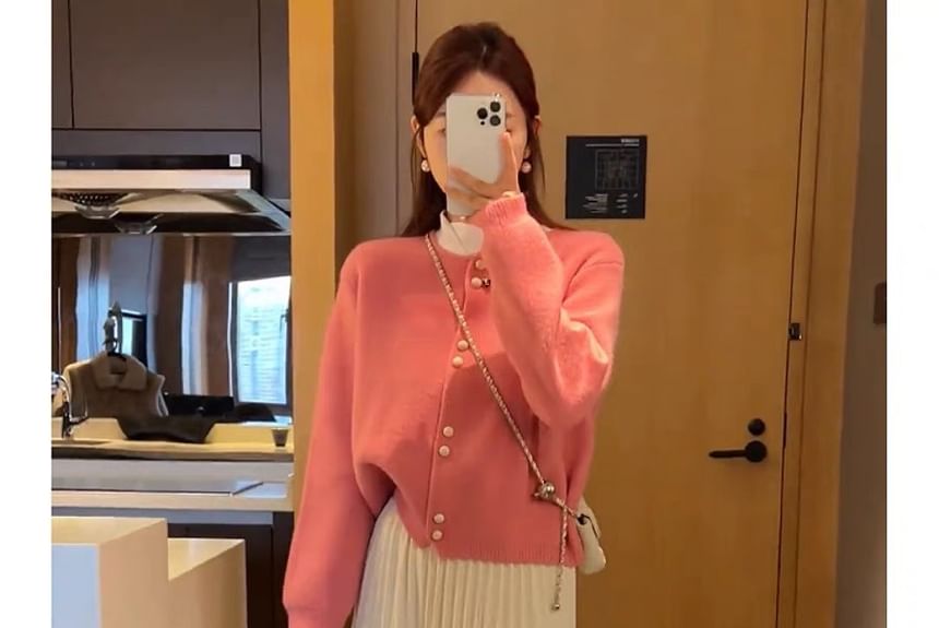 Faux Buttoned Pearl Plain Cardigan